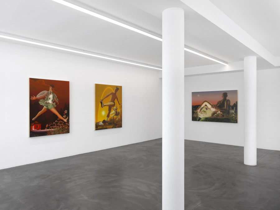 Left to right: The Fool II, 2021. Acrylic on wooden panel, 152.4 x 121.9 x 6.3 cm / The Fool, 2021. Acrylic on wooden panel, 152.4 x 121.9 x 6.3 cm / Forager, 2021. Acrylic on wooden panel, 121.9 x 182.9 x 5.7 cm. Photo credit: Annik Wetter