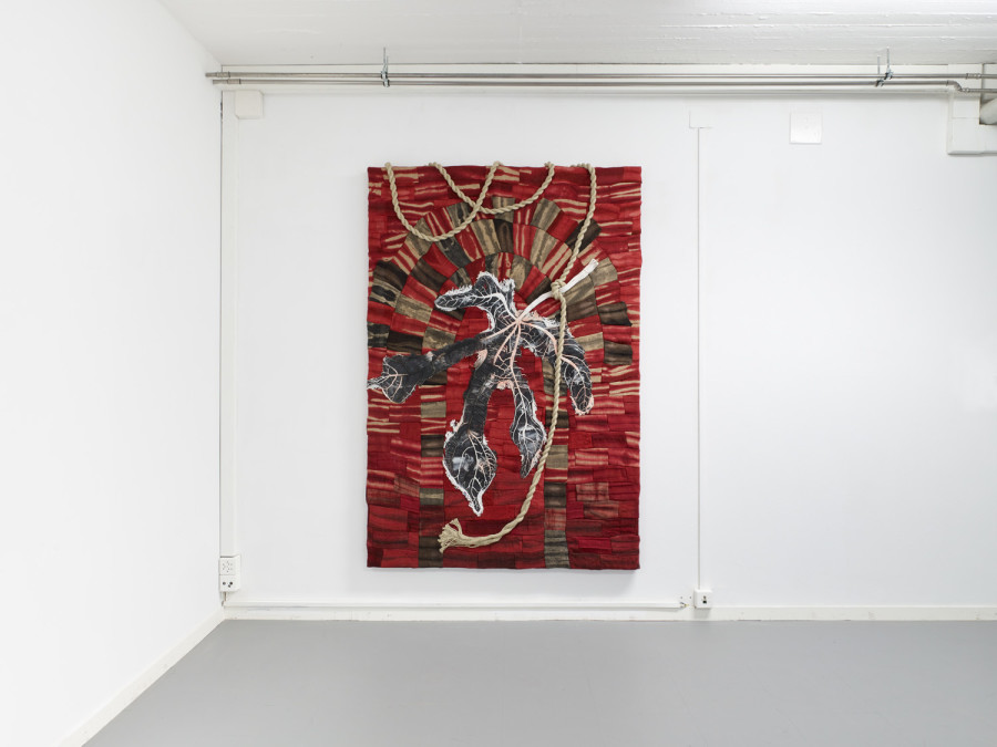 Watershed, 2022, cast silicone on dyed jute, pigment, rope, aluminum stretcher, 170 × 115 × 7 cm, installation view