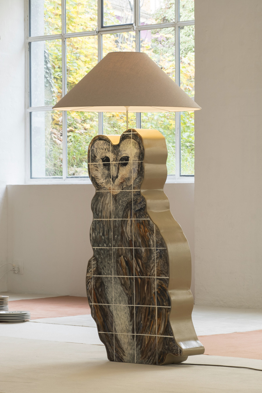 Jacent, Chouette, 2020, engobes on earthenware tiles, plywood, lacquer, lighting system, joints, lampshades, 60 x 125 x 18,5 cm. Photography: Sebastian Verdon/ all images copyright and courtesy of the artists, CAN Centre d’art Neuchâtel, Sans titre (2016).