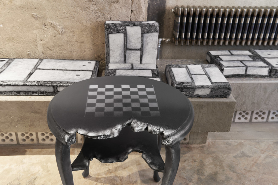 Ilaria Vinci, Universal Loneliness, 2022, second hand furniture, mixed media, dimensions variable; Wherever you go, there you are, 2022, sublimation printing on satin, 80 x 40 x 7 cm, 35 x 35 x 7 cm, photo: Cabaret Voltaire, Philipp Hänger. Courtesy: the artist