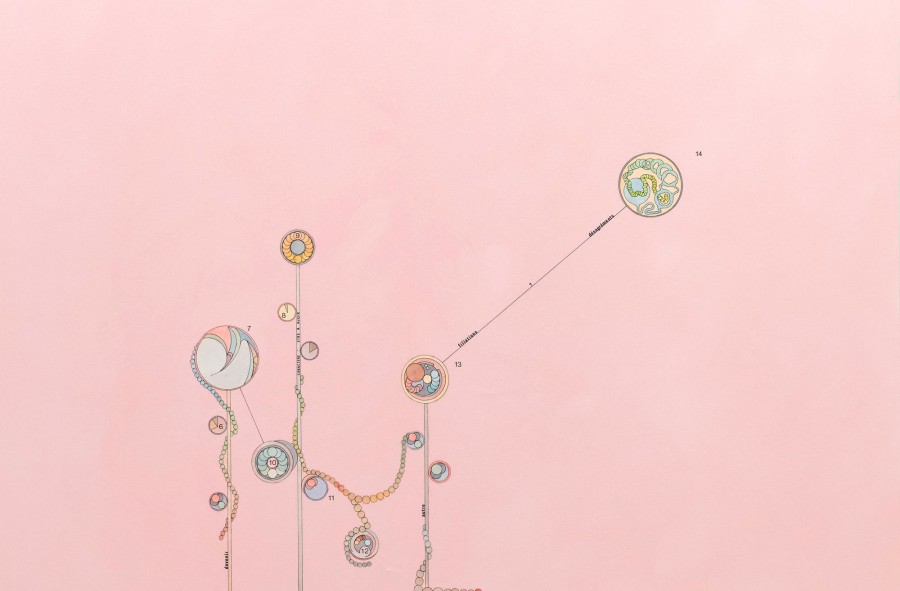 Alan Schmalz, origine quelconque (fin), 2021, watercolor, ink, oil and Letraset on paper, mounted on aluminium, 49,5 x 70 cm. Photography by Flavio Karrer, courtesy of the artist and Sentiment, 2021