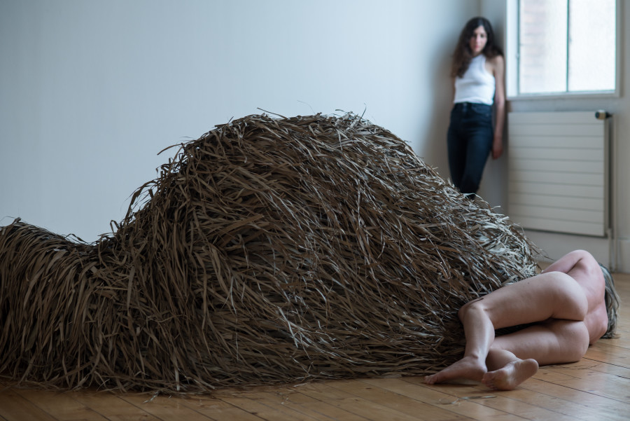 Performance documentation, Georgia Sagri, Shelter_Refuge, Kunsthalle Friart Fribourg, 2022, Photo Stathis Mamalakis ©Georgia Sagri