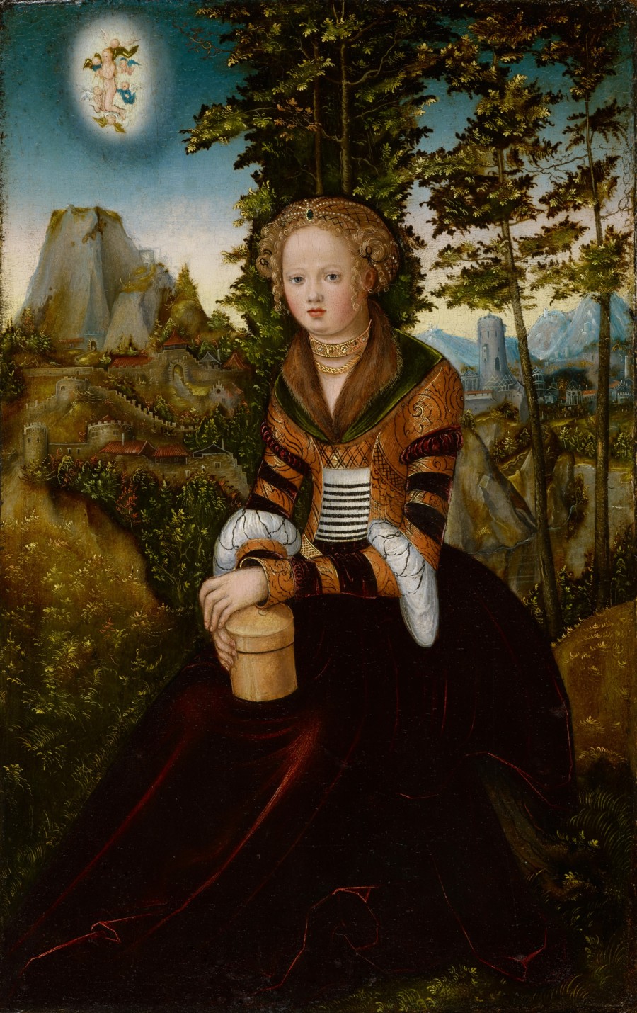 Die hl. Maria Magdalena, Lucas Cranach d. Ä., Holz, HxB: 41 x 26 cm, Inv. G 2016.22,  Creditline: Kunstmuseum Basel- Schenkung aus Privatbesitz, Photo Credit: Kunstmuseum Basel - Martin P. Bühler