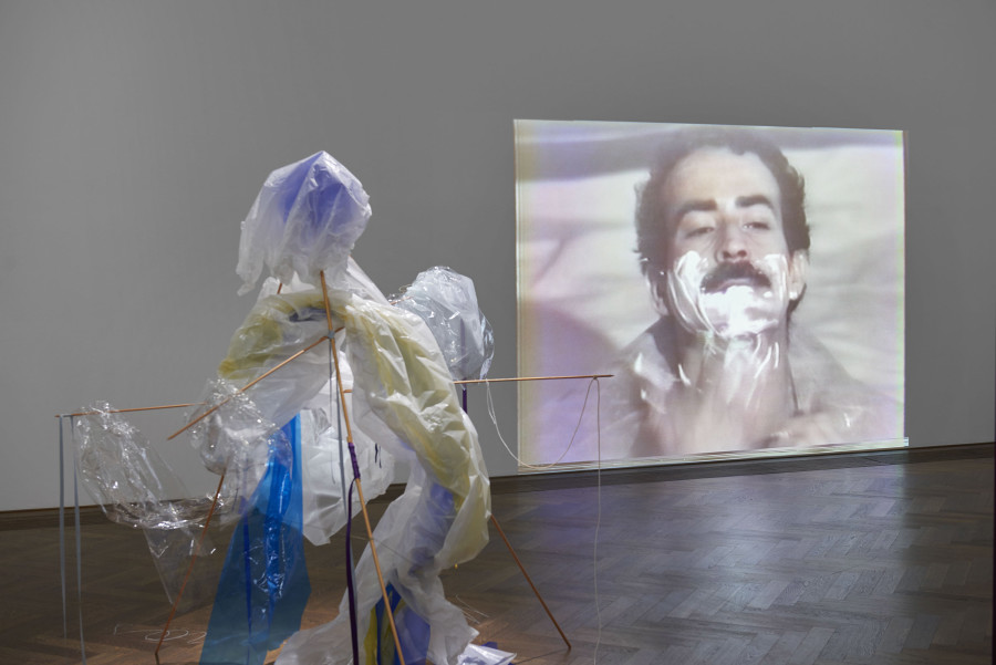 Installation view, Bizarre Silks, Private Imaginings and Narrative Facts, etc., an exhibition by Nick Mauss, view on (front) Rosemary Mayer, “reenactment” by Nick Mauss in collaboration with the Estate of Rosemary Mayer, February Ghosts (Monoceros, Auriga, and Orion), 1981/2020, and (back) Anton Perich, Victor Hugo Rojas, 1978, Kunsthalle Basel, 2020. Photo: Philipp Hänger / Kunsthalle BaselNick Mauss, Bizarre Silks, Private Imaginings and Narrative Facts, etc., Kunsthalle Basel, 2020. Photo: Dominik Asche / Kunsthalle Basel