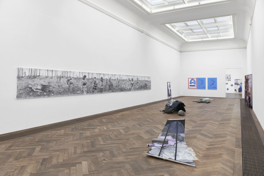 Installation view, Regionale 22, ... von möglichen Welten, Kunsthalle Basel, 2021, view on Paula Santomé, Idol Eyes or the Dogs with Panties, 2021 (left); Remy Erismann, Breakdancer, 2021 (front); Basil Ikum, No Kia, 2020 and SUPER MERCADOS, 2020 und (back); Tatjana Stürmer, Escaping Contours, 2020 (right). Photo: Philipp Hänger / Kunsthalle Basel