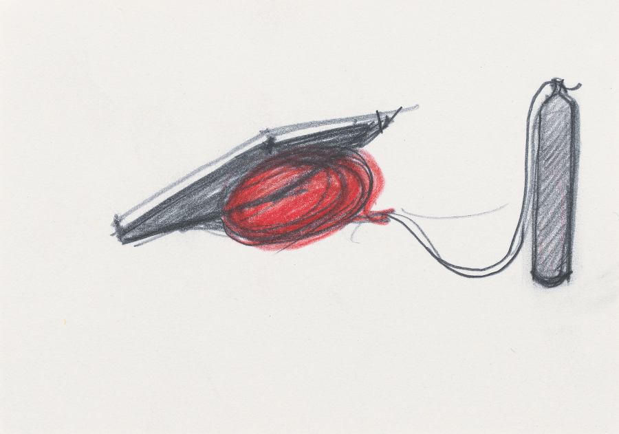 Roman Signer, Skizze zu einer Skulptur mit Fass und Kajakspitze, 1990er Jahre, © Roman Signer