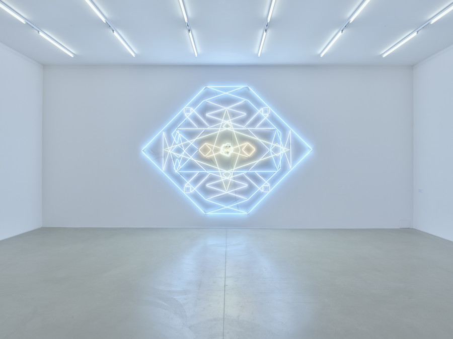 Installationsansicht Kosmos Emma Kunz. Eine Visionärin im Dialog mit zeitgenössischer Kunst 2.3. – 24.5.2021, Aargauer Kunsthaus, Aarau. Mai­-Thu Perret Untitled (after no. 067), 2020 Neonröhren, ø 15 mm, 6 Transformatoren 350 × 470 cm Courtesy of the artist and Galerie Francesca Pia, Zürich. Foto: Conradin Frei, Zürich