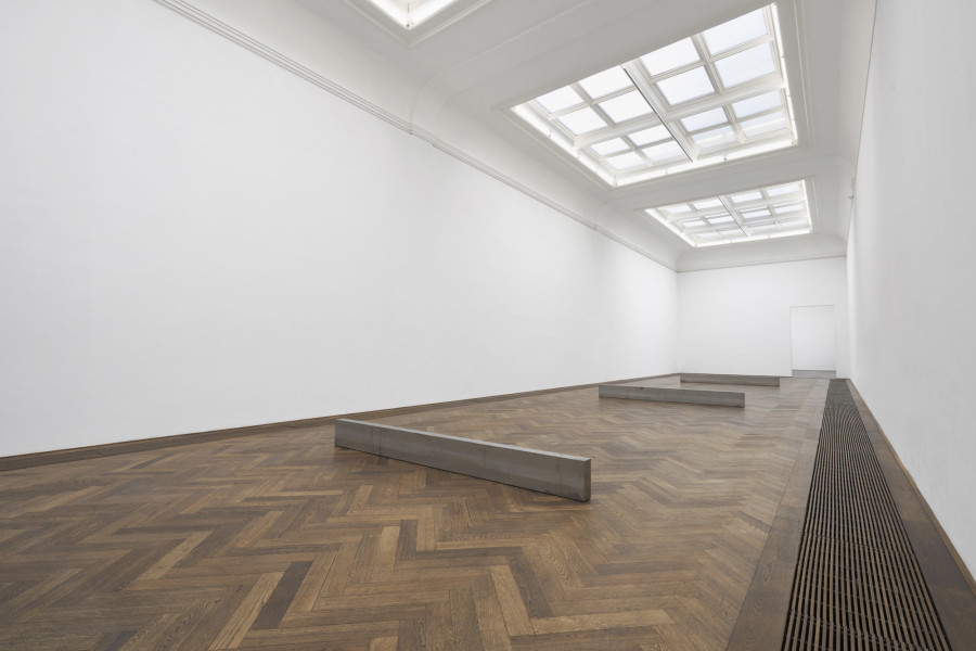 Daniel Turner, Three Sites, Kunsthalle Basel, 2022. Exhibition view from front to back: (BASF K410) Radiator Bar, (Novartis WKL135) Radiator Bar, (Holdenweid) Radiator Bar, all works 2022. Photo: Daniel Turner / Kunsthalle Basel. All works courtesy the artist and Gallery Allen, Paris