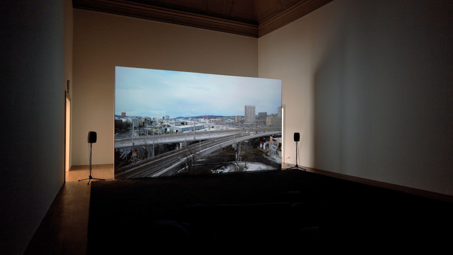 Exhibition view at Kunsthalle Winterthur with the video From Our Window, 2022. Photo by Kunsthalle Winterthur