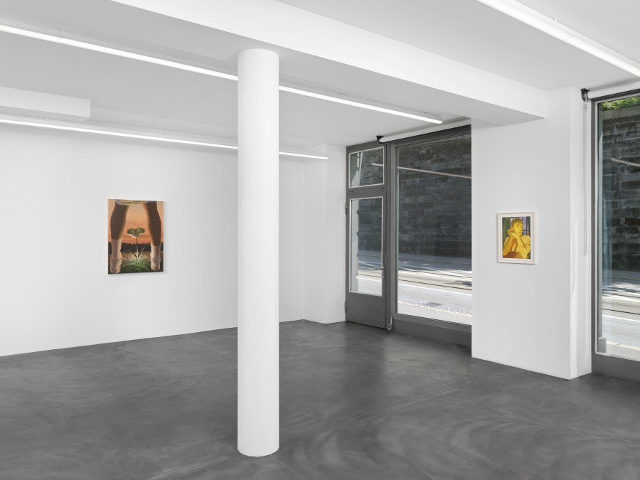 Left: Piss Flower, 2021. Acrylic on wooden panel, 101.6 x 76.2 cm. Right: Golden Hour, 2021. Acrylic on board, framed 50 x 38 cm. Photo credit: Annik Wetter