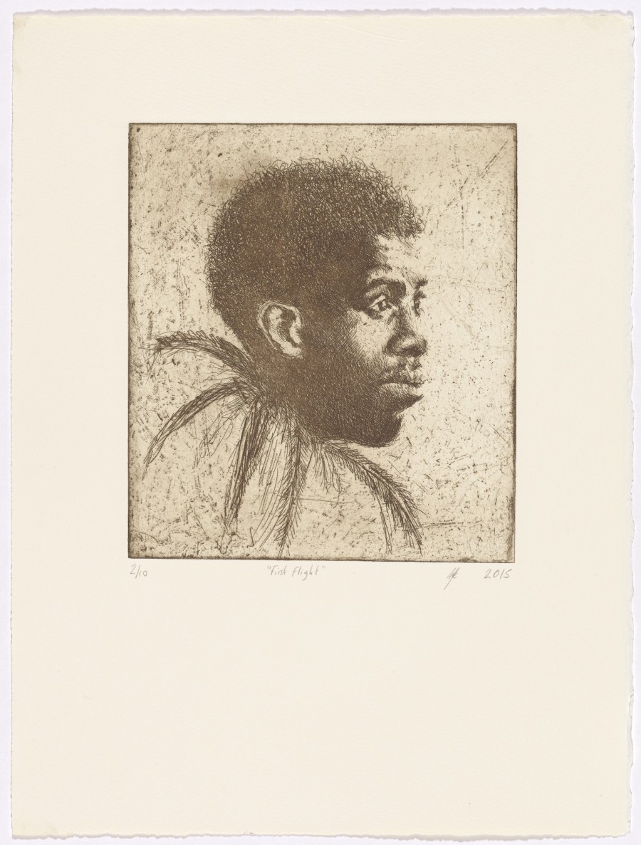 First Flight (provisorischer Eintrag), Lynette Yiadom-Boakye, 2015, Radierung, Blatt: 39 x 27 cm, Inv. 2019.140.10,  Creditline: Kunstmuseum Basel- Ankauf, Photo Credit: Martin P. Bühler