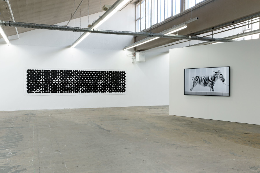 Sharif Waked, Arabesque No. 11 (Breathe), 2020; Bath Time, 2012. Ausstellungsansicht / installation view Kunsthaus Baselland 2020. Foto / Photo: Gina Folly.