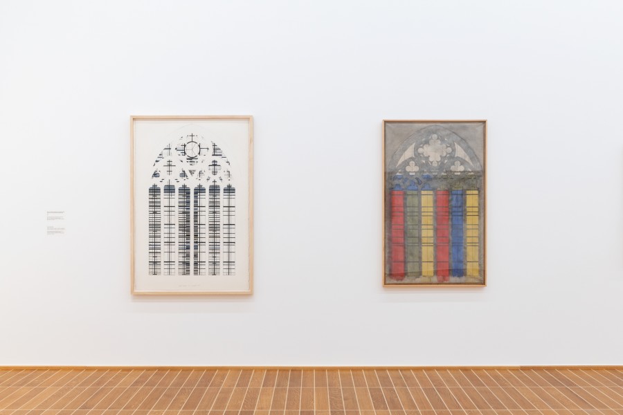 Brice Marden, Studie zum mittleren spätgotischen Lanzettfenster und Window Study, 1980 / 1985, Tinte / Bleistift und Aquarell auf Papier, auf Holzrahmen aufgezogen. Credit: Kunstmuseum Basel, © 2022, Pro Litteris, Zurich, Foto: Jonas Hänggi