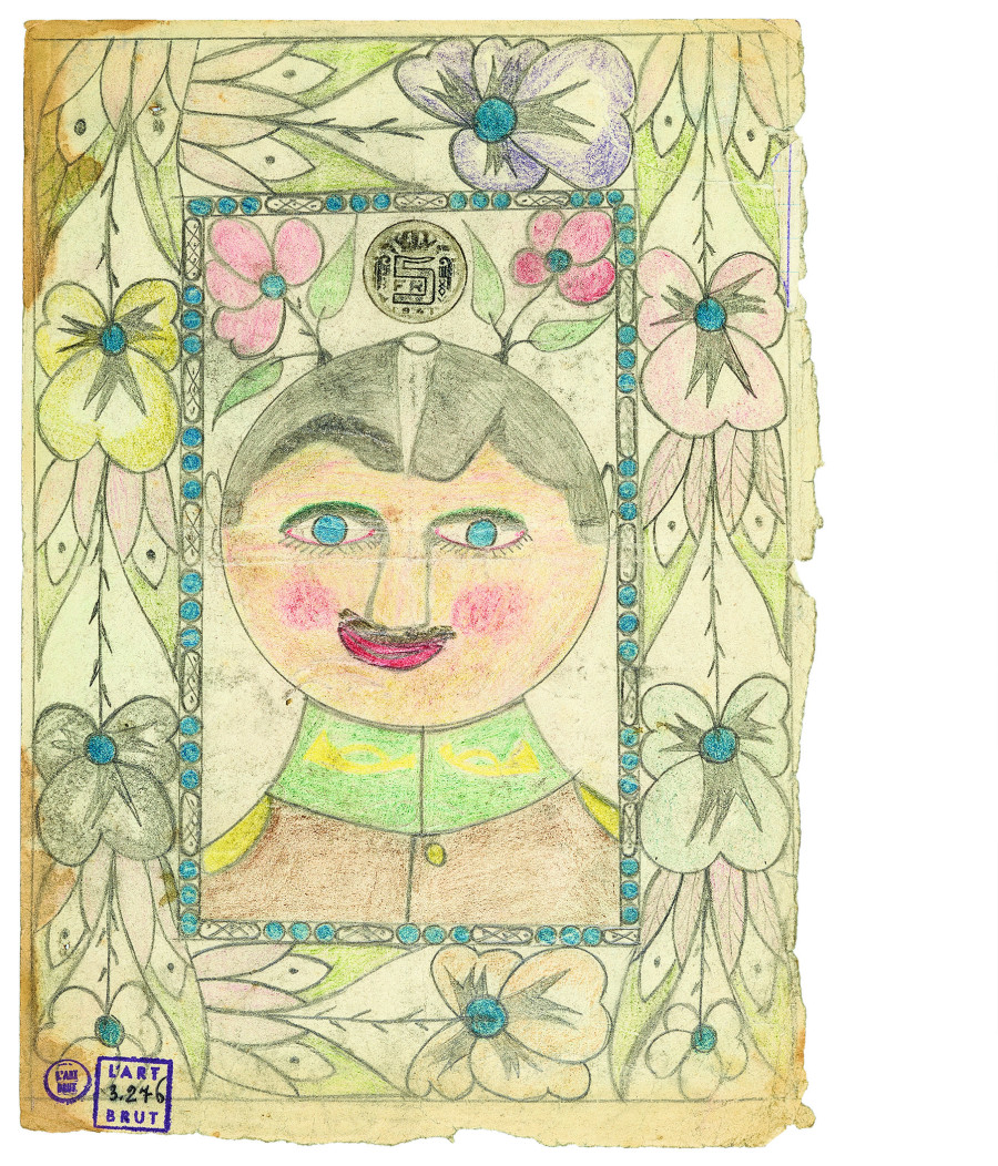 Josef Wittlich, Frau mit Plastik, between 1964 and 1975, gouache and gold varnish on cardboard, 90 x 62.5 cm, photo : AN – Collection de l’Art Brut, Lausanne