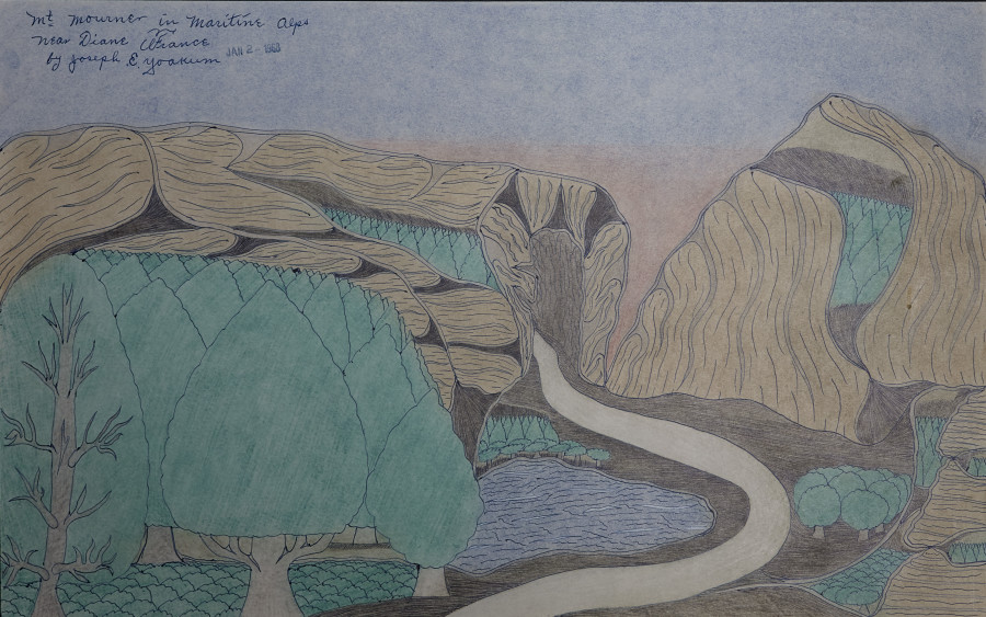 Joseph Yoakum, Mt. Mourner in Maritine Alps near Diane France by Joseph E. Yoakum, 1968 Colored pencil and ink on paper, 30 x 19 cm, Collection Intuit: The Center for Intuitive and Outsider Art, gift of Martha Griffin, 2014.5.1. Photo ©John Faier