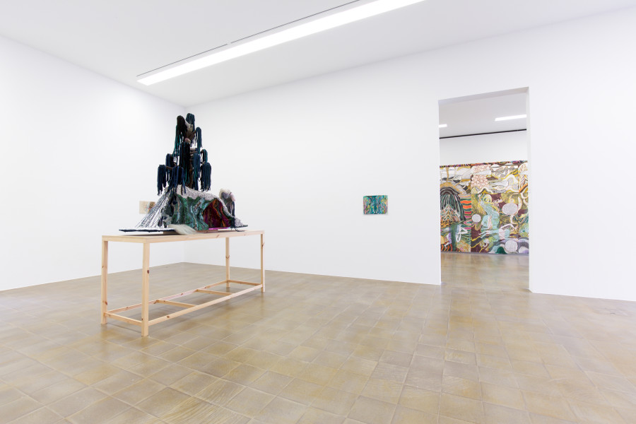 Emma Talbot, A Crash in Fast and Slow Motion, 2020, Acrylic on silk, 400 x 300 cm, Courtesy the artist, Galerie Onrust, Amsterdam and Petra Rinck, photo: Lia Wagner