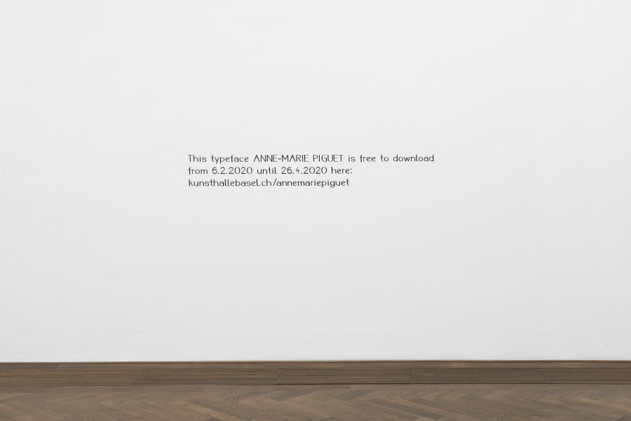 Installation view, Bizarre Silks, Private Imaginings and Narrative Facts, etc., an exhibition by Nick Mauss, view on Bea Schlingelhoff, Typeface dedicated to and named after Anne-Marie (Im Hof-)Piguet, 2018, Kunsthalle Basel, 2020. Photo: Philipp Hänger / Kunsthalle Basel