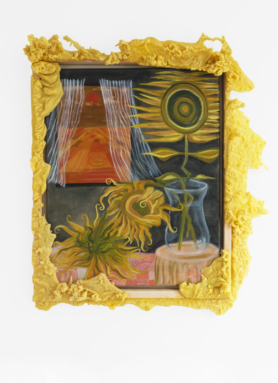Ayla Dmyterko, A ring around the sun and the blizzard rages on, 2021. Oil on linen with poured beeswax frame. 62 x 54 x 6 cm. Unique. Courtesy of the artist and VITRINE London/Basel