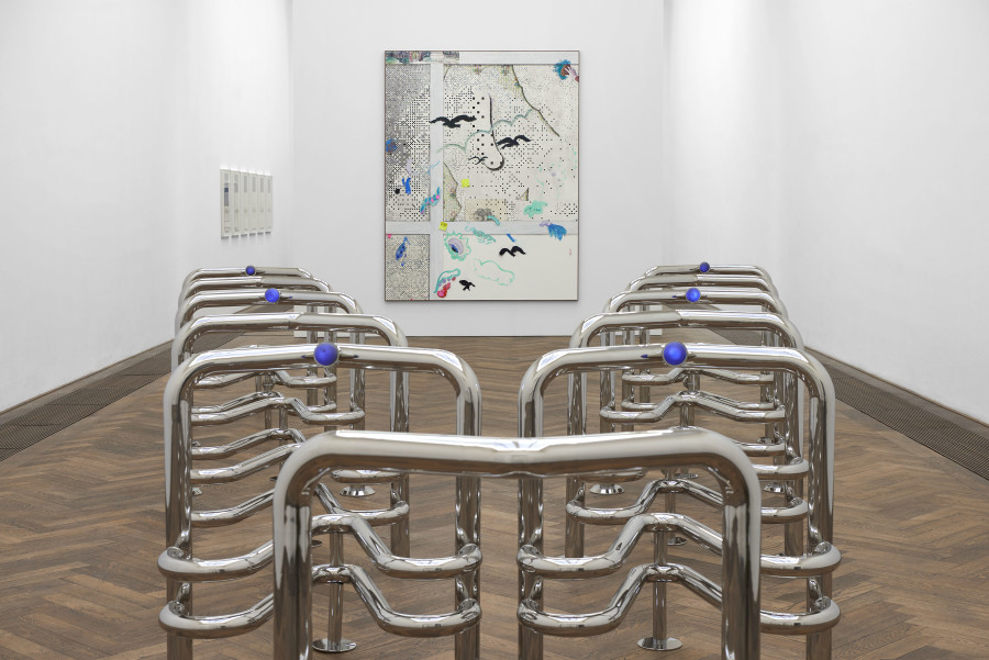 Installation view, INFORMATION (Today), Kunsthalle Basel, 2021, view on Marguerite Humeau, Riddles (Jaws), 2017–2021 (front) and Laura Owens, Untitled [SMS +41 79 807 86 34], 2021 (back). Photo: Philipp Hänger / Kunsthalle Basel