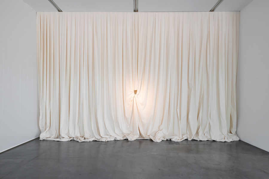 Renée Green, Sites of Genealogy (Fear, Flight, Fate; Matrix; Loophole of Retreat), 1990, Installation across three locations in the museum. Mixed Media: wooden table, chair, typewriter, lamp, stack of blank paper, paper with typed text, wooden ladder, telescope, cotton string, muslin drape, silkscreen, rubber-stamped wooden slats, vinyl type and puzzle pieces on vellum, jars with varied colored contents on wooden shelf with vinyl type, plaques with rubber-stamped text with puzzle pieces, jars and wheelbarrow filled with coal, rubber-stamped sourcebook, rubber-stamped wooden shelf, rotating red light, sound. Collection of the artist; Courtesy Free Agent Media; Bortolami Gallery, New York; Galerie Nagel Draxler, Berlin/Cologne/Munich. Photo: Flavio Karrer.