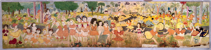 Henry Darger, 216 At Jennie Richee. Then are chased for long distance by Glandelinian soldiery with dogs Between 1930 and 1972, tracing, watercolour and collage on paper, 61 x 272 cm photo : AN – Collection de l’Art Brut, Lausanne, © Kiyoko Lerner/ 2020, Prolitteris, Zurich