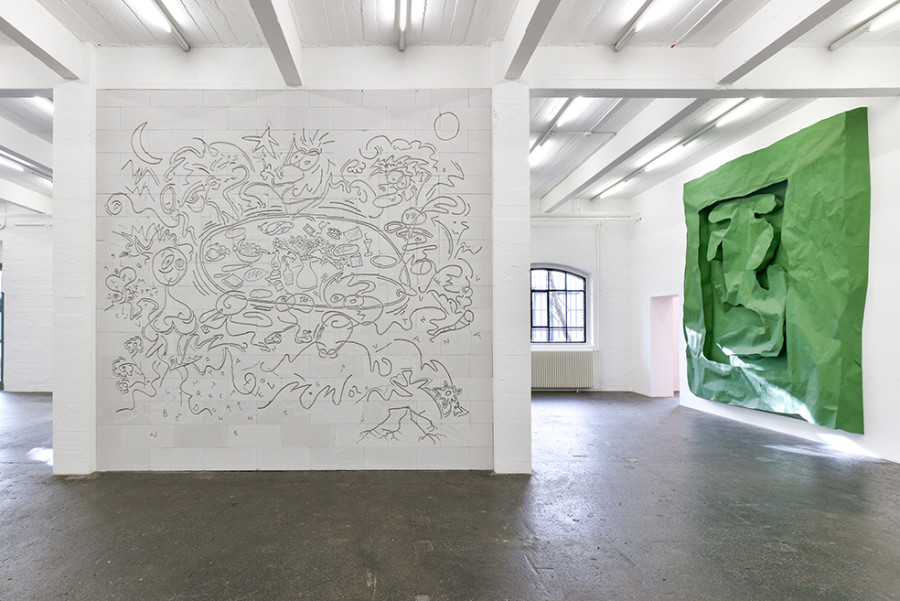 Exhibition view «La fine ligne», with works from Simon Paccaud and Simone Holliger. Photo: Kunst Halle Sankt Gallen, Sebastian Schaub