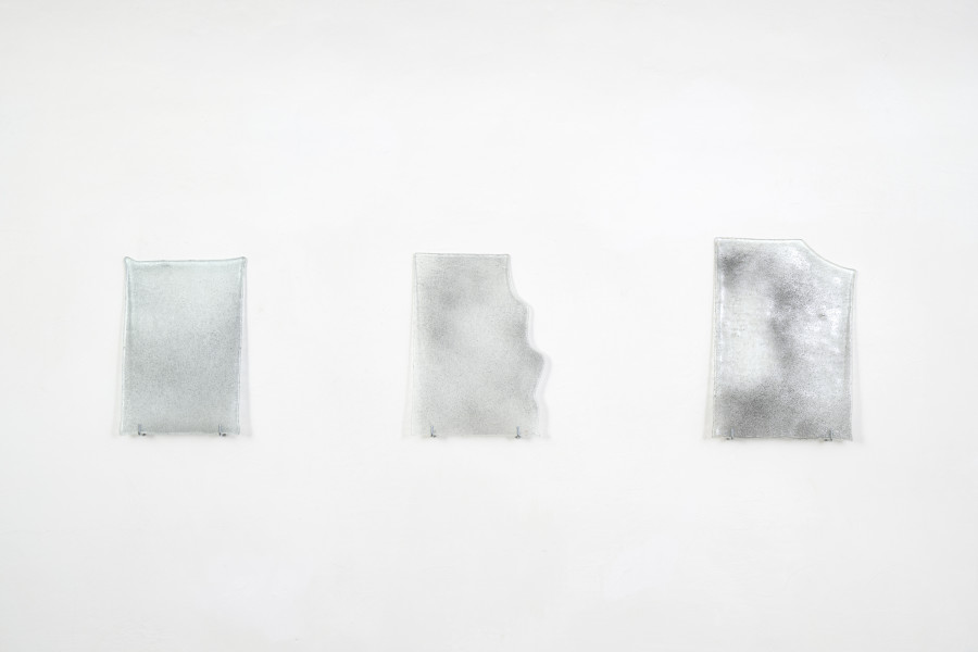 Exhibition view, Augustas Serapinas, Window Glasses from a House from Skirgiškės or Didžioji Kuosinė (detail), 2022, window glasses with old nails powder. Photo: Ralph Feiner, Courtesy of the artist and Galerie Tschudi