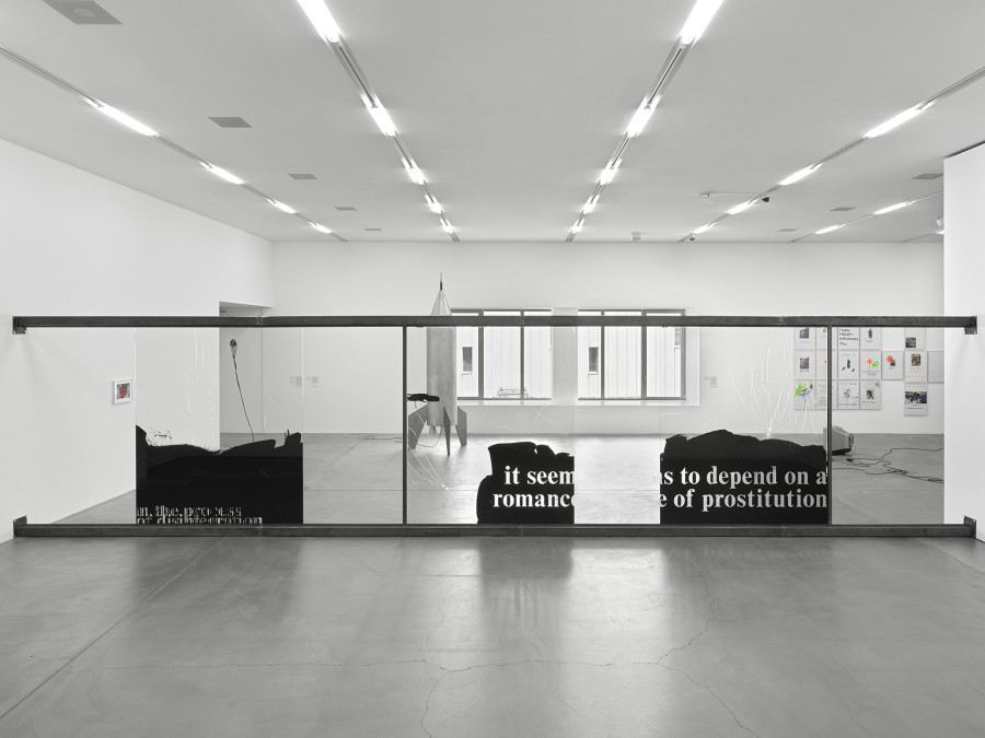 Exhibition view Aus den Fugen - Momente der Störung 2, Migros Museum für Gegenwartskunst, Monica Bonvicini, A Romance, 2003, Gianni Motti, Belgium Landing , 2010, Sylvie Fleury, First Spaceship on Venus , 1995, Ugo Rondinone, Dog Days Are Over , 1996, Anne-Lise Coste, Untitled , 2002, Sammlung Migros Museum für Gegenwartskunst, © the artists. Photo: Stefan Altenburger Photography, Zurich