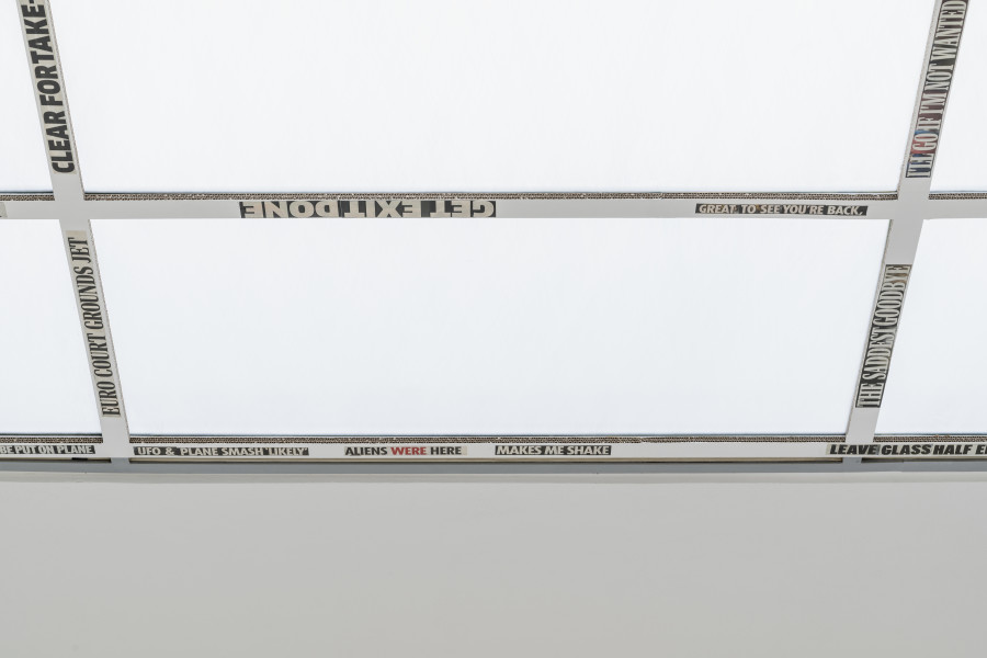 Weapons 2022 Newspaper and acrylic on cardboard, Courtesy the artist and Weiss Falk, Basel / Zurich