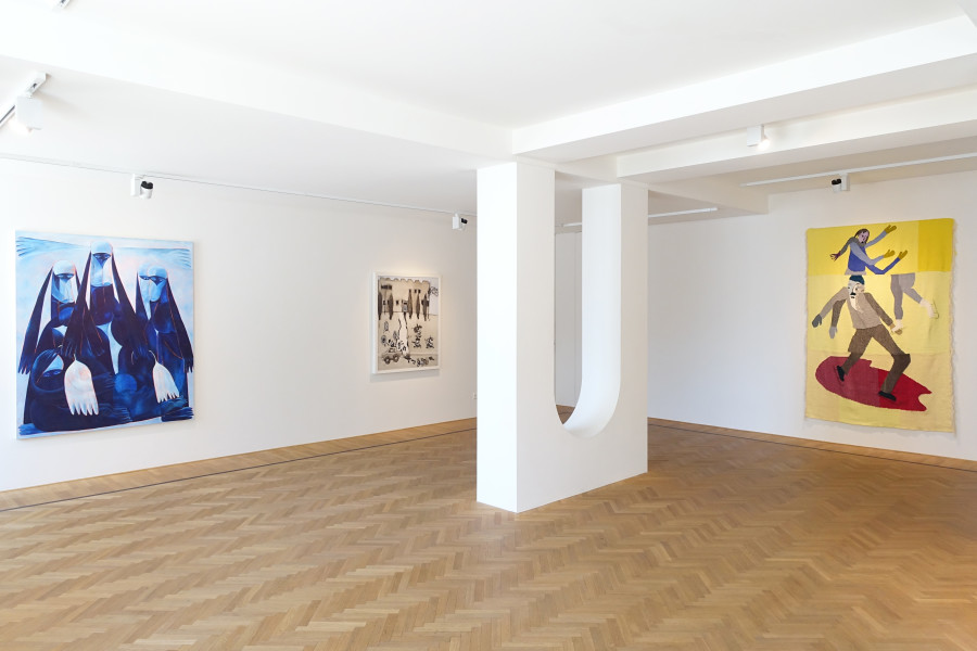 Installation shots of "Don't Fuck With Our Human" with works by Ali Banisadr, Kim Dingle, Christina Forrer, Xiao Guo Hui, Tahnee Lonsdale, Annie Morris exhibited at Galerie Fabian Lang, (17.09.2022-05.11.2022). Credit: Courtesy of the artists and Galerie Fabian Lang. Copyright: © Fabian Lang