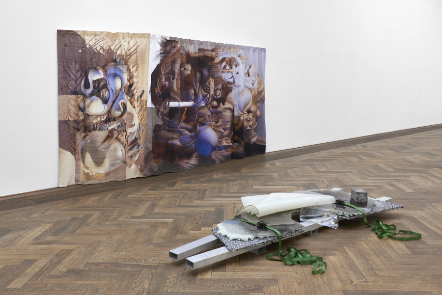 Installation view, Regionale 22, ... von möglichen Welten, Kunsthalle Basel, 2021, view on Remy Erismann, Breakdancer, 2021 (front); Tatjana Stürmer, Bread of Dreams, 2020 (left) and Escaping Contours, 2020 (right). Photo: Philipp Hänger / Kunsthalle Basel
